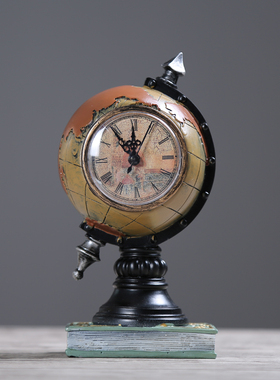 LOFT工业风复古创意地球仪钟摆件书房办公室客厅橱柜装饰品摆设