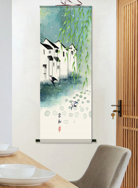 荷花图花鸟画卷轴画丝绸画绢画新中式轻奢挂画玄关装饰画鱼戏莲叶
