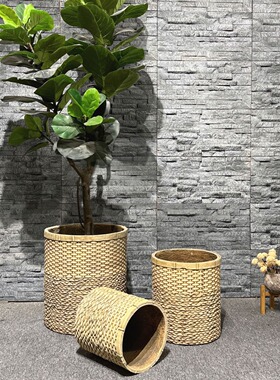 水泥花盆竹编编织家居装饰办公室田园艺术室内绿植落地手工花卉