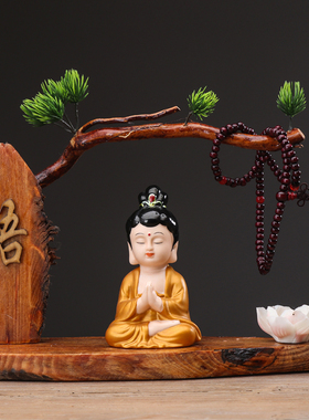 创意新中式禅意根雕风化木摆件陶瓷平安佛如来观音家居软装饰品