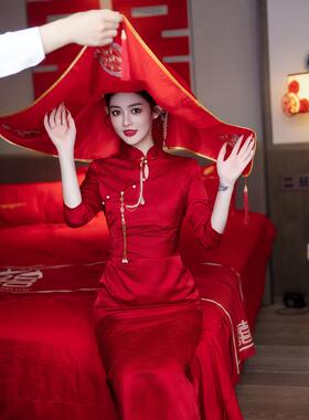新娘出嫁红盖头结婚新中式婚礼复古秀禾服高级红色喜帕中国风头饰