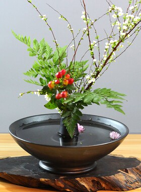 创意中式禅意黑色陶瓷花盆免剑山插花器花道客厅茶几摆件花器花盘