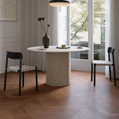 蒂诺莎 洞石岩板餐桌小户型家用圆桌中古风桌子法式奶油风岩白桌 - 图1