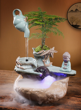 流水摆件陶瓷新中式招财小型桌面客厅茶桌办公室装饰品循环水景观