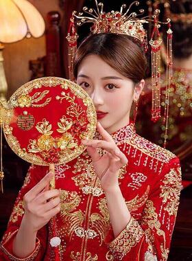 团扇结婚新娘蒲扇秀禾服中式扇子古风手工双面刺绣红色喜扇成品扇