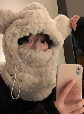 可爱加厚毛绒帽子围巾一体女韩版