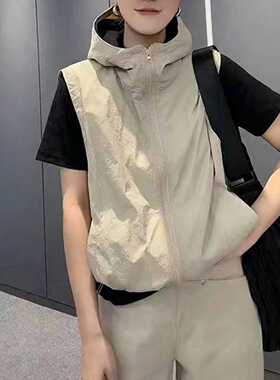 新款春秋薄款单层防晒连帽马甲女