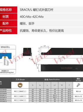 外圆刀杆数控车刀杆圆弧车刀车床刀具SRACR圆刀片R3/R4/R5/R6/R8