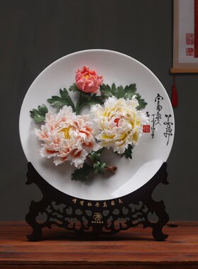 德化白瓷花开富贵挂盘摆件陶瓷牡丹手捏瓷花客厅玄关办公室装饰品