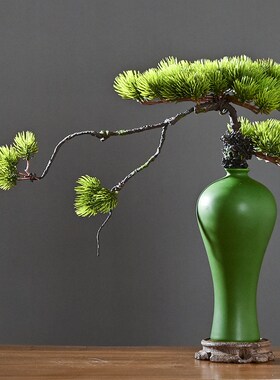仿真迎客松盆景中式摆件陶瓷花瓶假花松树小植物客厅茶室布置装饰