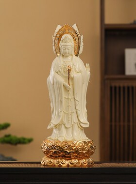 陶瓷南海三面观音佛像摆件白瓷观世音菩萨站像家居客厅供奉工艺品