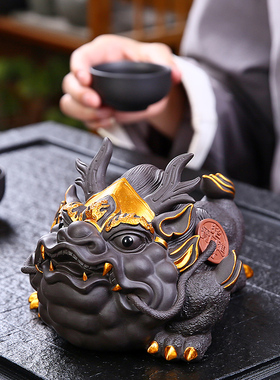 招财金蟾家居装饰品摆件玄关酒柜茶室桌面紫砂蟾蜍茶宠物精品可养