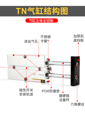 气动双杆TDA双轴气缸TN10X16X20X25X32-10/25/30/35/40/60/70带磁