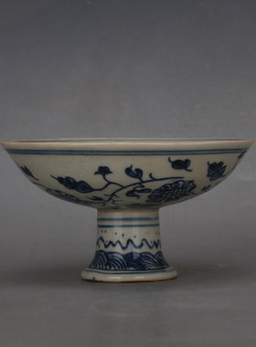 明青花麒麟高足果盘古董古玩仿古瓷器全手工绘画古典家居装饰摆件