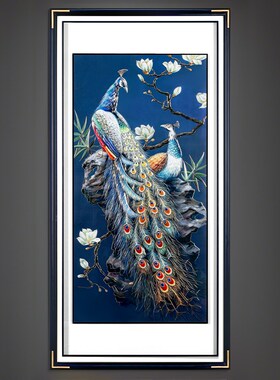 新中式玄关过道背景墙竖版挂画富贵吉祥铜雕画手工雕刻孔雀壁画