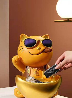 创意简约卡通北欧金元宝招财猫摆件钥匙收纳家居客厅电视玄关装饰