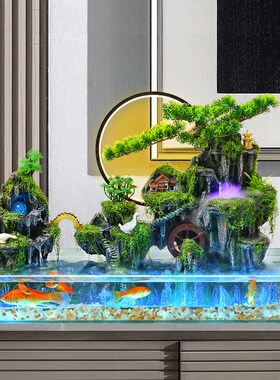 创意鱼缸假山流水生财摆件装饰礼品客厅办公室桌面高山循环水景观