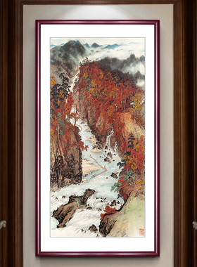 关山月 秋溪放筏 名画复古玄关竖版山水画中式办公室国画走廊挂画