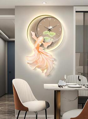 创意锦鲤客厅钟表装饰画轻奢高级沙发背景墙灯画新款餐厅时钟挂画
