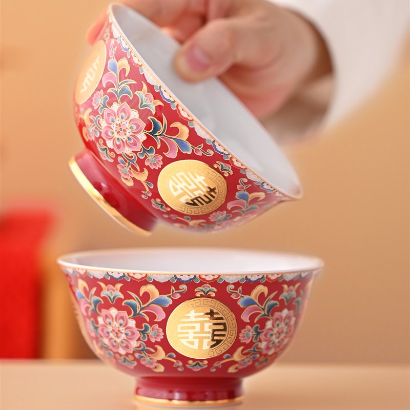 Wedding teacup set, enamel wedding teacups, a pair of high-end red modified tea sets, wedding bowls and chopsticks