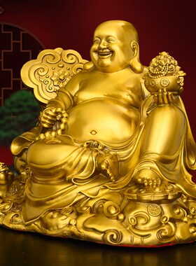 黄铜如意笑佛摆件大肚弥勒佛家居桌面装饰铜聚宝盆笑佛布袋元宝佛