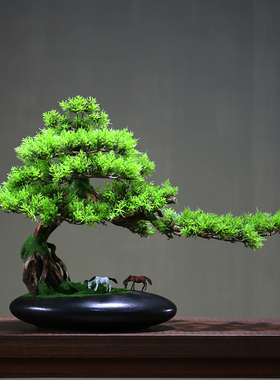 新中式仿真迎客松盆景摆件客厅小绿植盆栽罗汉松树造景室内装饰品