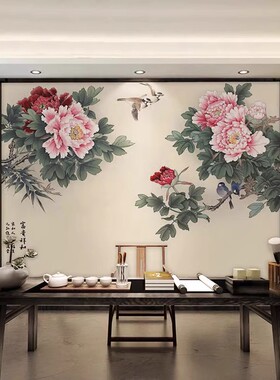3d中式牡丹花电视背景墙壁纸客厅沙发卧室影视墙壁布自粘立体墙贴