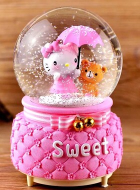粉红猫水晶球旋转飘雪花KK猫音乐八音盒少女心摆件圣诞节生日礼物