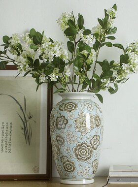 中式陶瓷花瓶浅绿色高花瓶客厅高级瓷瓶装饰摆件水培鲜花瓷器瓶