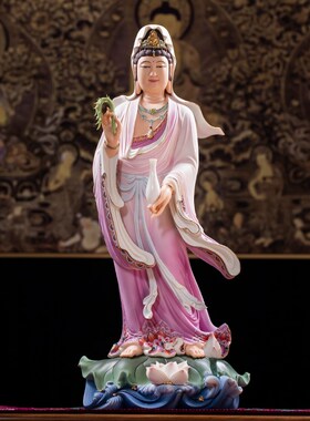 德化陶瓷南海观音菩萨站观音白瓷彩绘观世音菩萨佛像雕塑供奉摆件