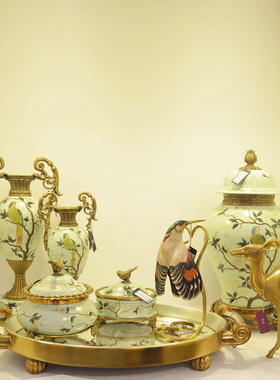 茱莉安法式优雅艺术彩绘陶瓷镶铜花瓶别墅客厅茶几装饰花器摆件