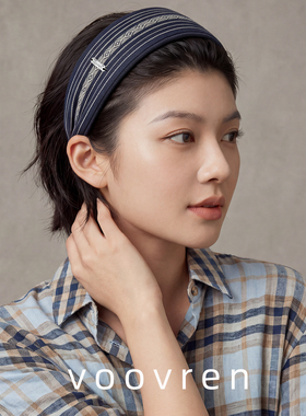 voovren藏青色条纹宽边发箍短发女士不勒头发卡头箍2026新款发饰