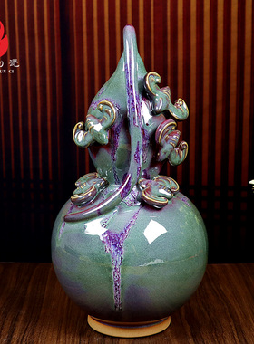禹州钧瓷花瓶家居客厅新中式钧窑变陶瓷器工艺品葫芦摆件五福临门