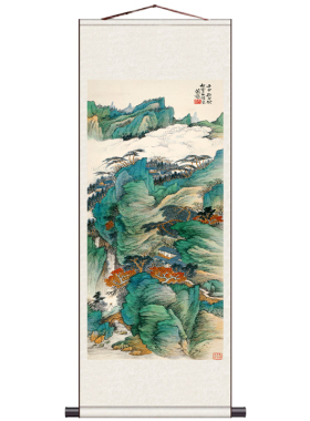 青绿山水茶楼装饰画名家字画山水画国画张大千字画丝绸礼品卷轴画