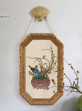 新中式盆景花鸟装饰画艺术客厅卧室牀头复古八角挂画书房画室壁画