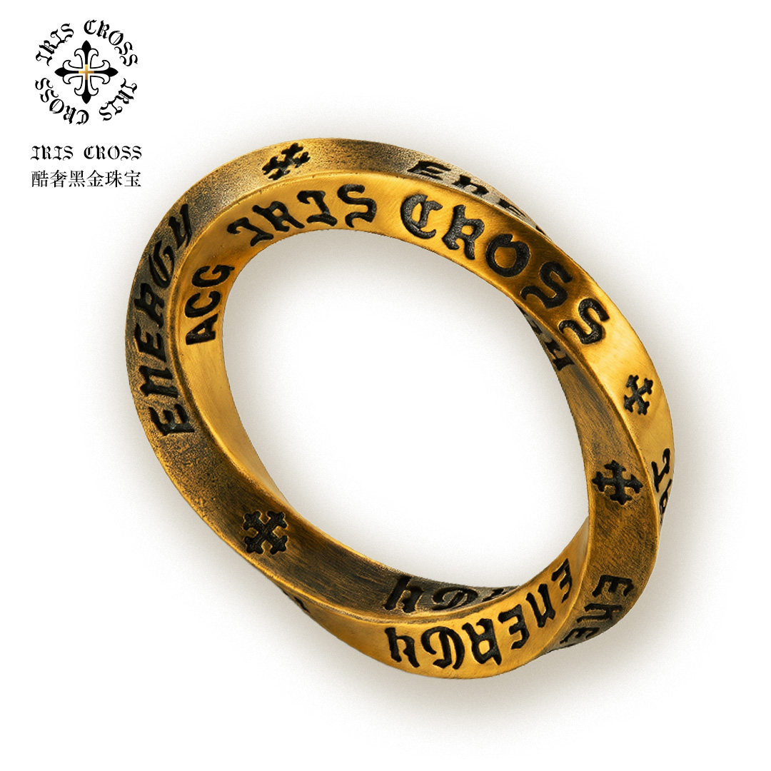 Flower ring Möbius strip black gold ring