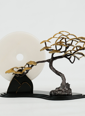 天然玉石平安扣松树摆件新中式玄关禅意客厅家居书房博古架装饰品