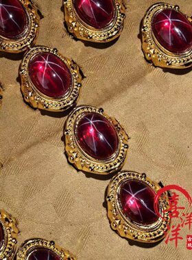 古董文玩珍品花丝工艺鎏金镶嵌红星光宝石戒指一盒配老漆器盒摆件