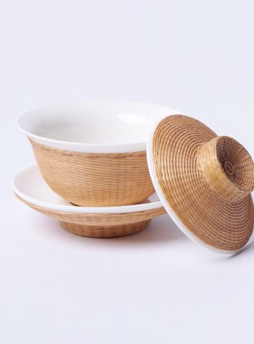 刘氏竹编竹丝扣瓷胎盖碗功夫茶具套装非遗纯手工茶杯包邮高端礼品