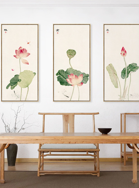 新中式荷花三联装壁画 可客制化背景墙画 茶室玄关装饰画走廊挂画
