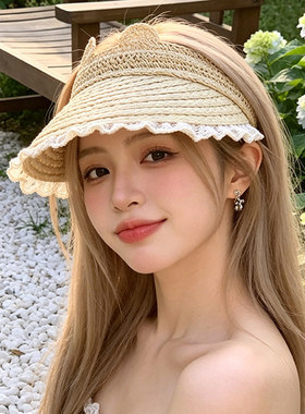 高颜值防晒帽子女士夏季空顶大帽檐遮阳帽防紫外线蕾丝花边草编帽