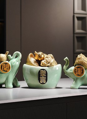 福到财到聚宝盆摆件招财新中式家居客厅办公室博古架高档装饰品