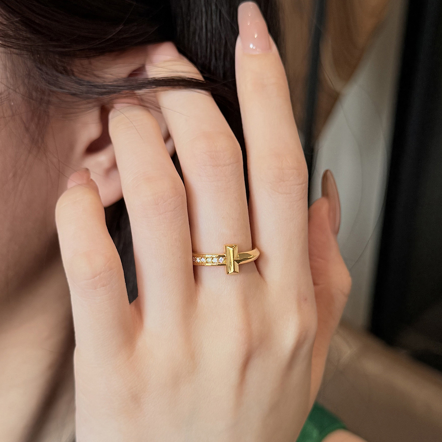 Queyunlai 5D dot diamond gold ring 999 pure gold T letter hard gold ring simple and fashionable gift for girlfriend