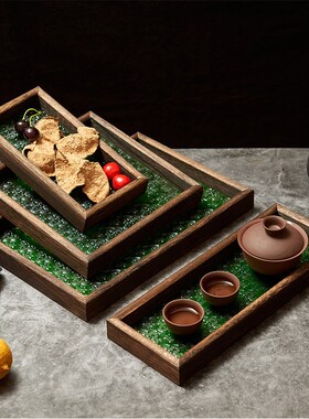 海棠花托盘玻璃茶盘复古长方形绿色透明木质边框咖啡点心家用盘子