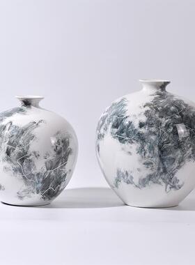新中式水墨陶瓷花瓶摆件样板房客厅装饰品售楼处玄关桌面软装摆设