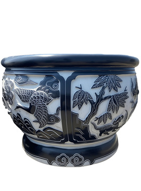 庭院石雕鱼缸荷叶莲花青石水缸装饰摆件中式仿古户外大型养鱼石缸