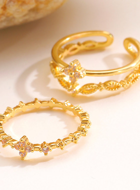 跨境批发时尚复古镶钻可爱甜美风锆石花朵开口精致满天星戒指女