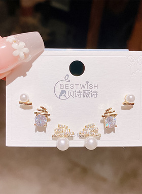 银针新品高级感精致百搭个性几何线条设计感小珍珠耳钉三对套装女