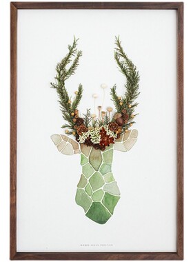 种籽造物麋鹿植物标本手作画画北欧复H古胡桃木动物挂画立体装饰