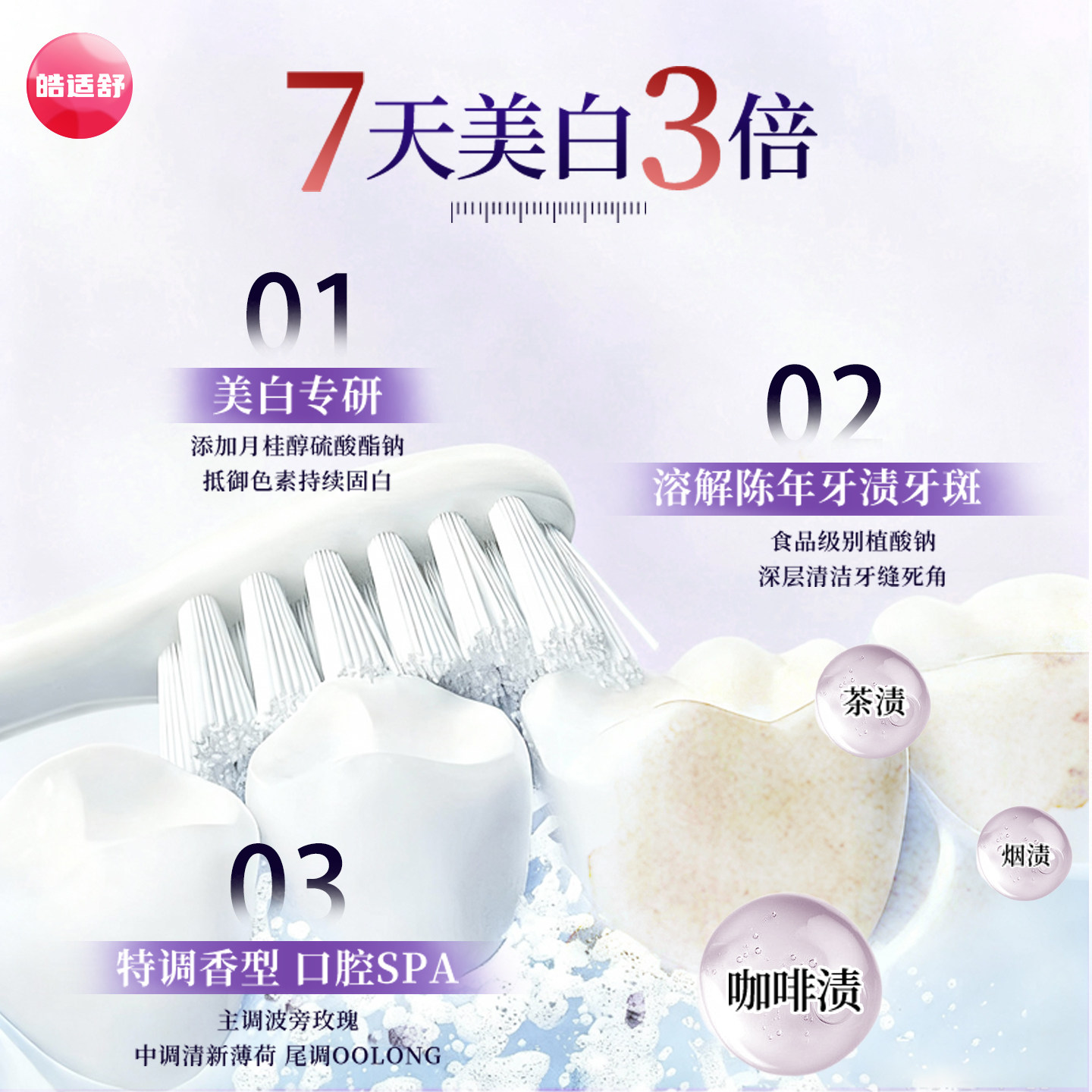皓适舒3支装美白去渍牙膏7天白3倍见证美白奇迹温和无氟